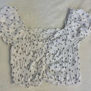 Garage White and Blue Floral Scrunch Tie Top, Cottage Core